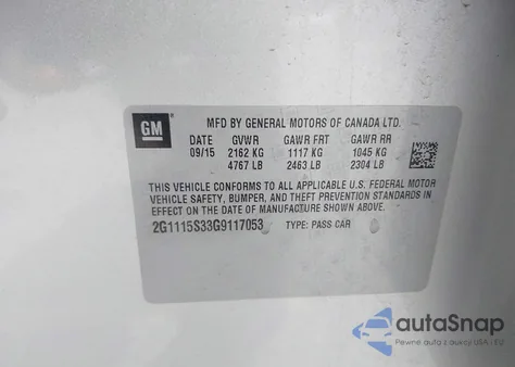 2016 Chevrolet Impala Lt z USA, uszkodzony, nr VIN 2G1115S33G9117053